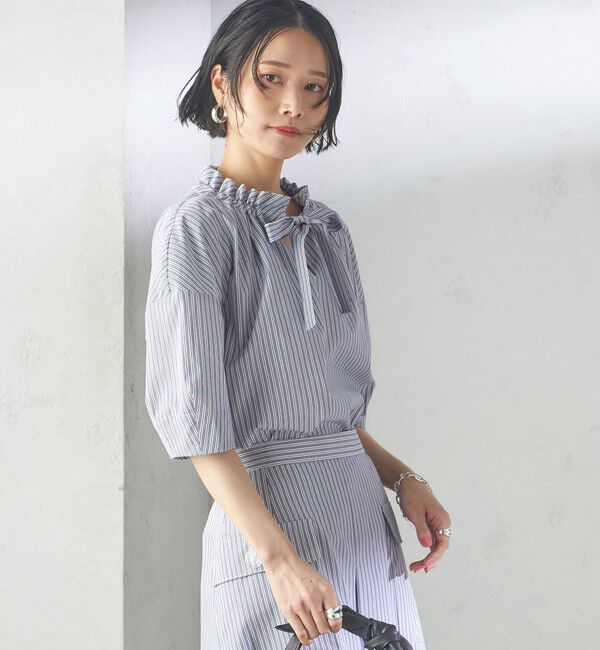 SHIPS for women「〈手洗い可能〉ストライプ フリル ネック リボン 半袖 ブラウス」|シャツ・ブラウス|