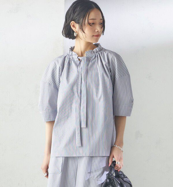 SHIPS for women「〈手洗い可能〉ストライプ フリル ネック リボン 半袖 ブラウス」|シャツ・ブラウス|