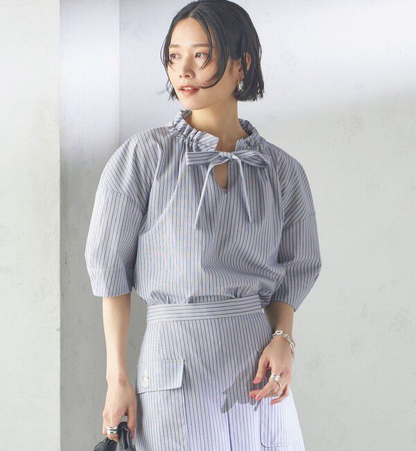 SHIPS for women「〈手洗い可能〉ストライプ フリル ネック リボン 半袖 ブラウス」|シャツ・ブラウス|