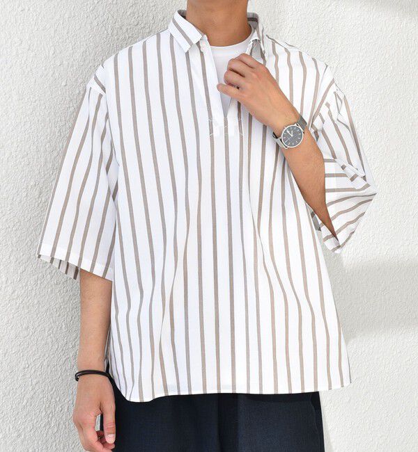 SHIPS any「SHIPS any: ストライプ スモールウェイブ スキッパー プルオーバーシャツ◇」|シャツ・ブラウス|ホワイト