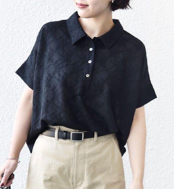 SHIPS for women「《予約》【WEB限定】〈手洗い可能〉シアー ジャカード ポロ 襟 ショート スリーブ プルオーバー」|ポロシャツ|ブラック