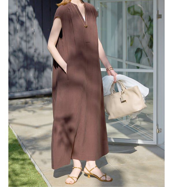 SLOBE IENA「《予約》リネン混キーネックコクーンワンピース」|ワンピース|ブラウン