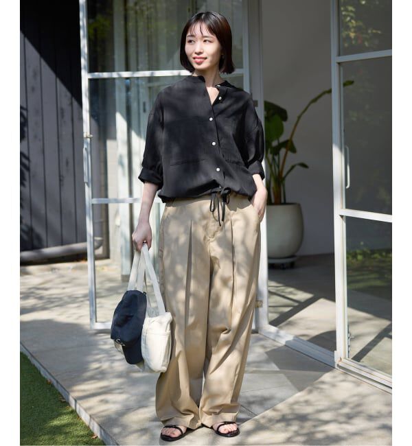 SLOBE IENA「《WEB限定/追加予約》シアーストライプ5分袖 バンドカラーブラウス」|シャツ・ブラウス|