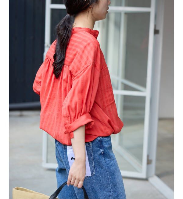 SLOBE IENA「《WEB限定/追加予約》シアーストライプ5分袖 バンドカラーブラウス」|シャツ・ブラウス|