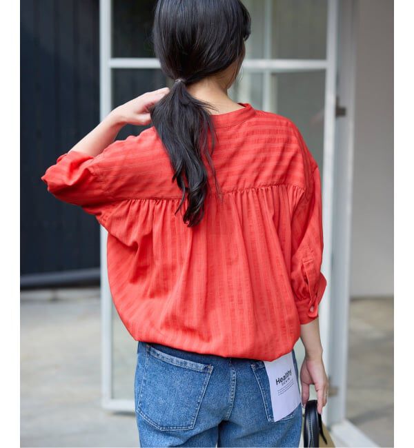 SLOBE IENA「《WEB限定/追加予約》シアーストライプ5分袖 バンドカラーブラウス」|シャツ・ブラウス|