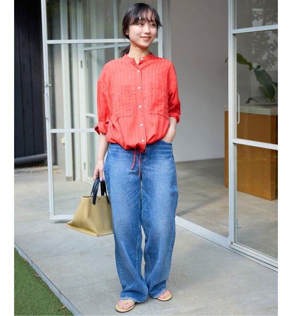 SLOBE IENA「《WEB限定/追加予約》シアーストライプ5分袖 バンドカラーブラウス」|シャツ・ブラウス|