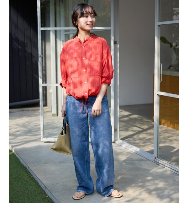 SLOBE IENA「《WEB限定/追加予約》シアーストライプ5分袖 バンドカラーブラウス」|シャツ・ブラウス|