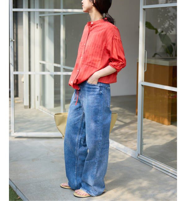 SLOBE IENA「《WEB限定/追加予約》シアーストライプ5分袖 バンドカラーブラウス」|シャツ・ブラウス|