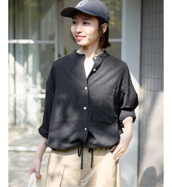 SLOBE IENA「《WEB限定/追加予約》シアーストライプ5分袖 バンドカラーブラウス」|シャツ・ブラウス|