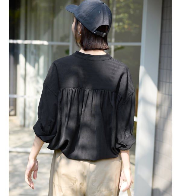 SLOBE IENA「《WEB限定/追加予約》シアーストライプ5分袖 バンドカラーブラウス」|シャツ・ブラウス|