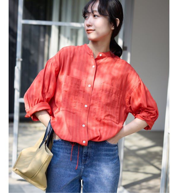 SLOBE IENA「《WEB限定/追加予約》シアーストライプ5分袖 バンドカラーブラウス」|シャツ・ブラウス|