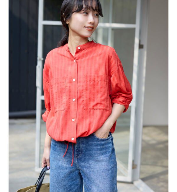 SLOBE IENA「《WEB限定/追加予約》シアーストライプ5分袖 バンドカラーブラウス」|シャツ・ブラウス|レッド