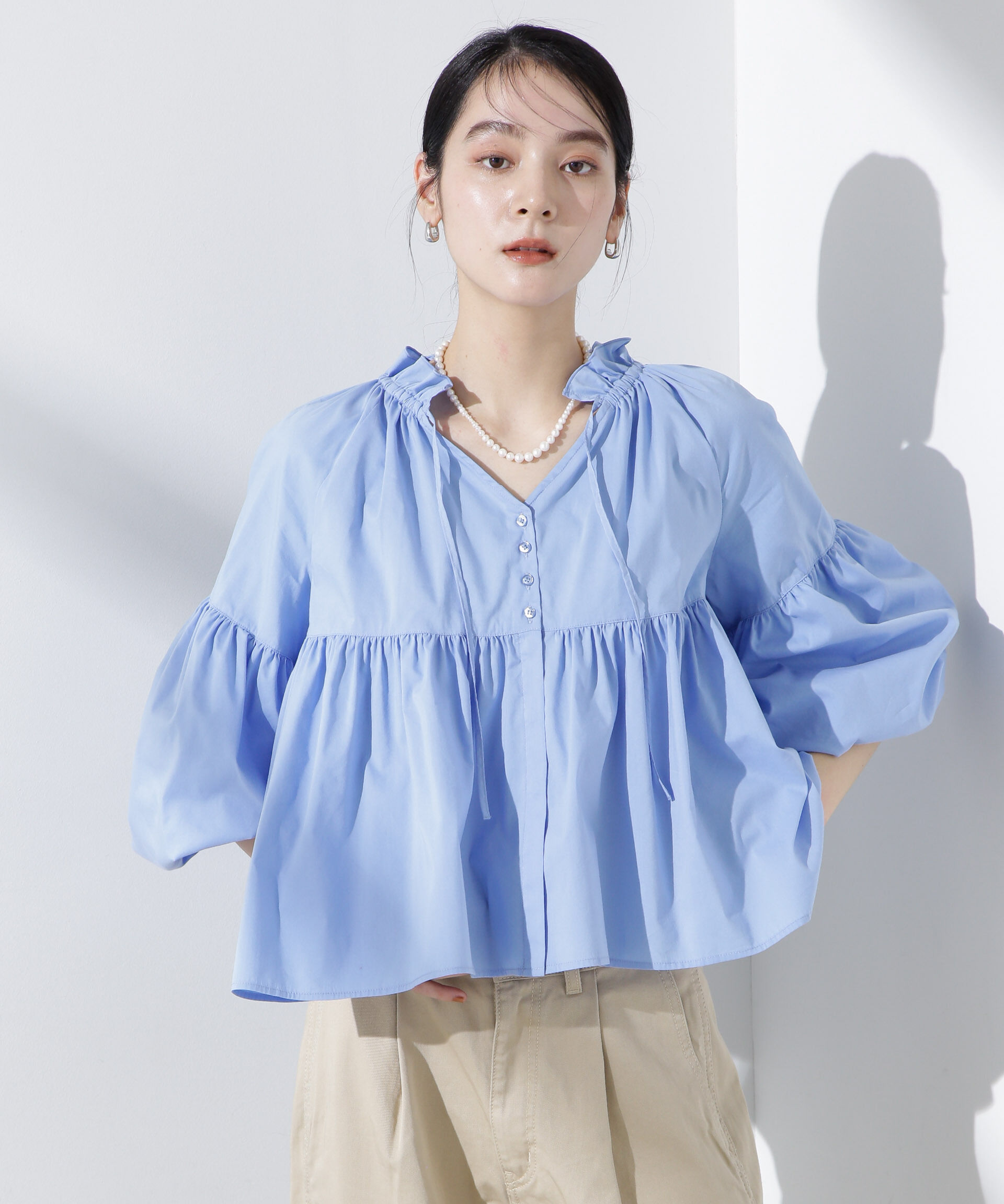 nano･universe「フリルギャザーショートシャツ」|シャツ・ブラウス|