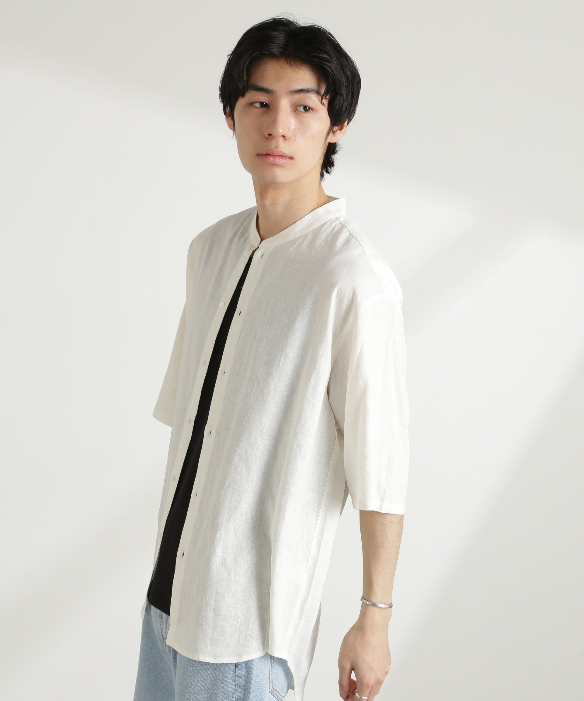 nano･universe「アンチスメルリネン バンドカラーシャツ 半袖」|シャツ・ブラウス|