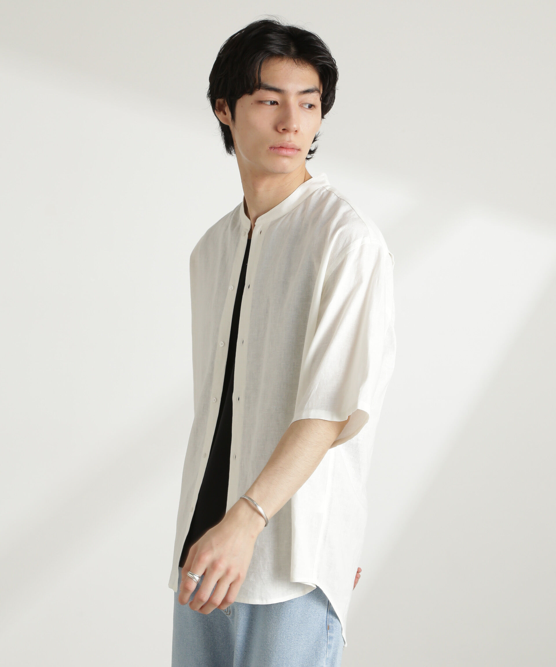 nano･universe「アンチスメルリネン バンドカラーシャツ 半袖」|シャツ・ブラウス|