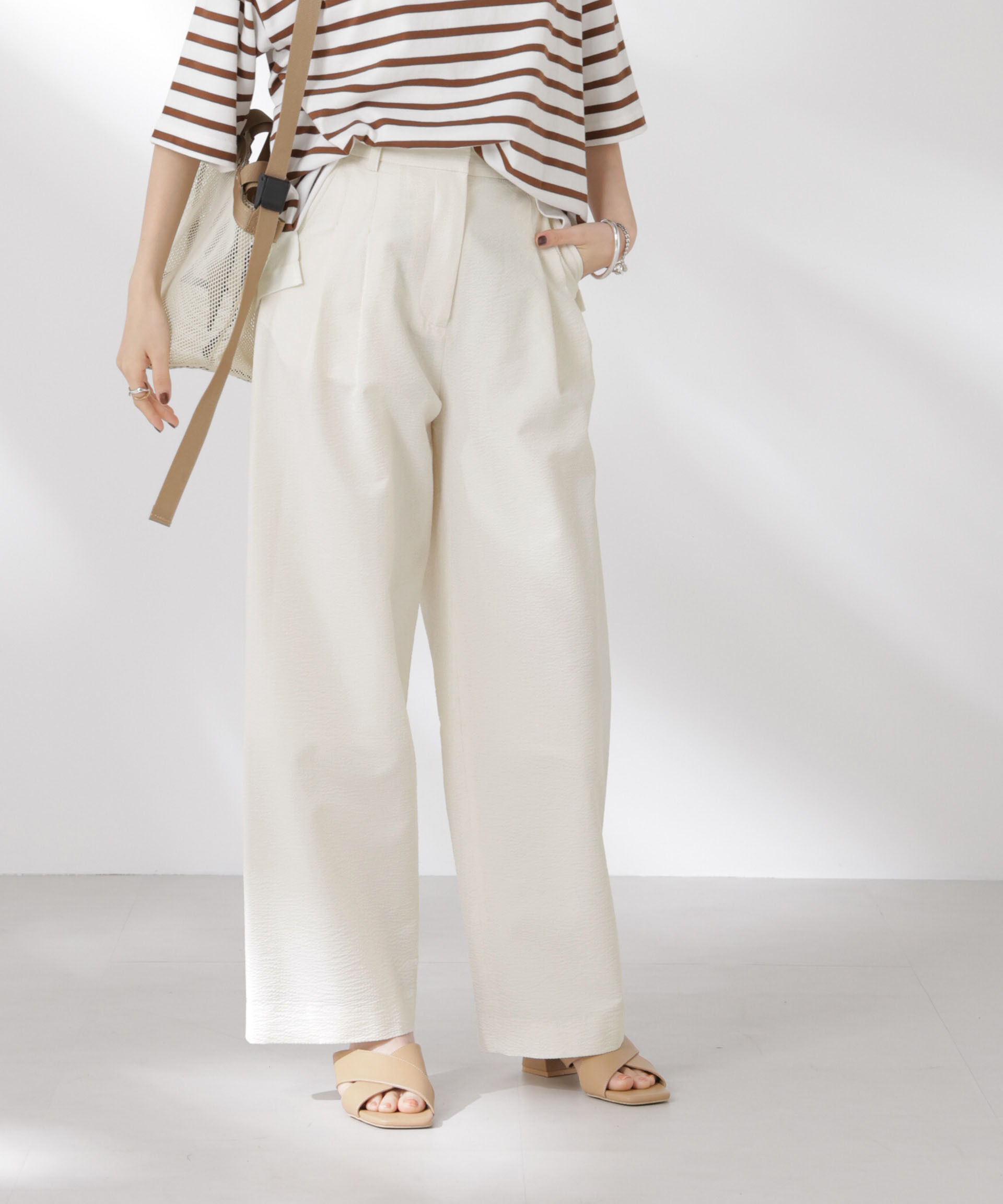 nano･universe「サッカータックワイドパンツ(セットアップ可)」|チノ|アイボリー7