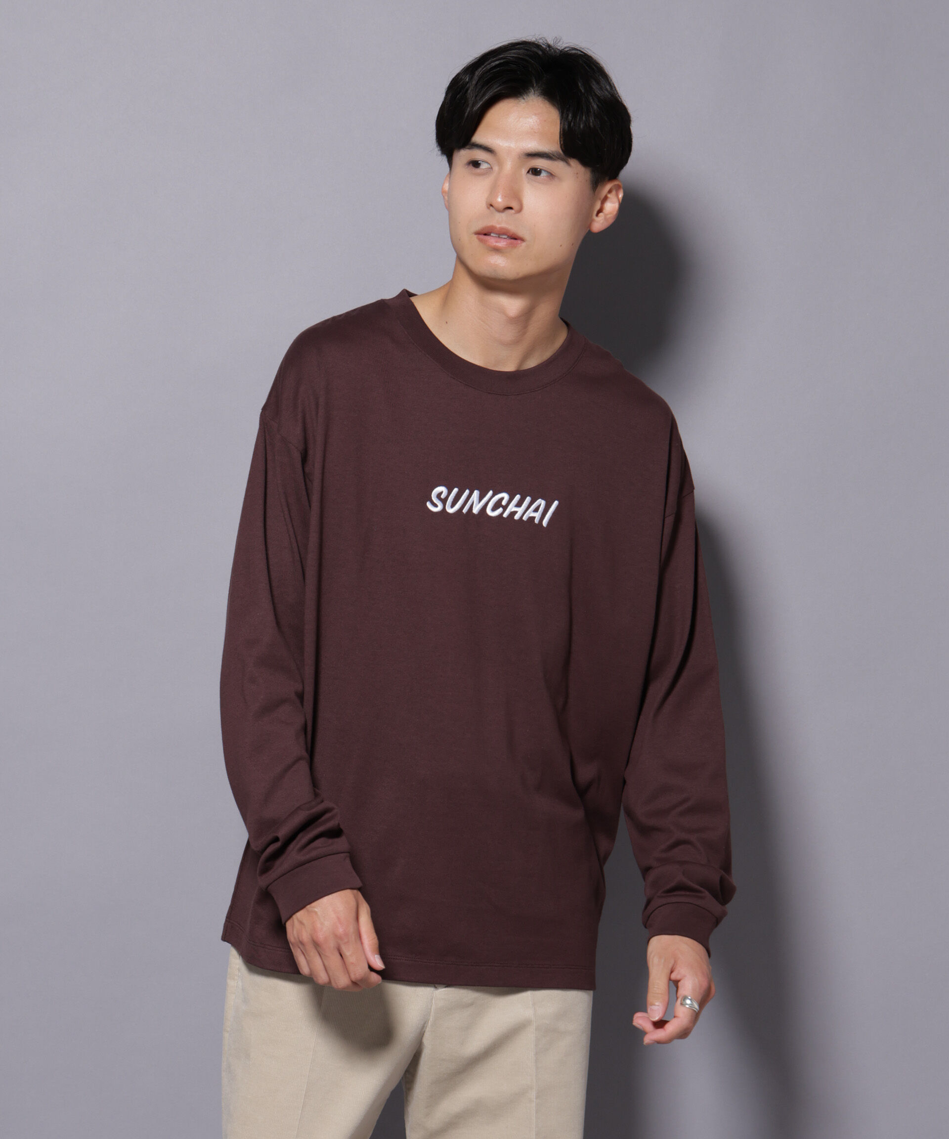 nano･universe「Anti Soaked(R)&times;SUNCHAI ロゴ刺繍 汗染み防止 Tシャツ長袖」|Tシャツ・カットソー|ブラウン