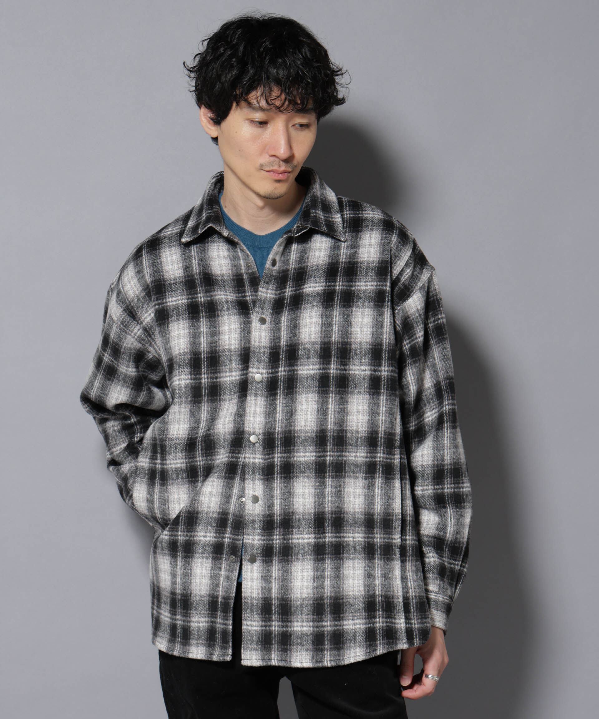 nano･universe「シャギーオンブレーチェックジャケット」|ブルゾン・スタジャン|ブラック