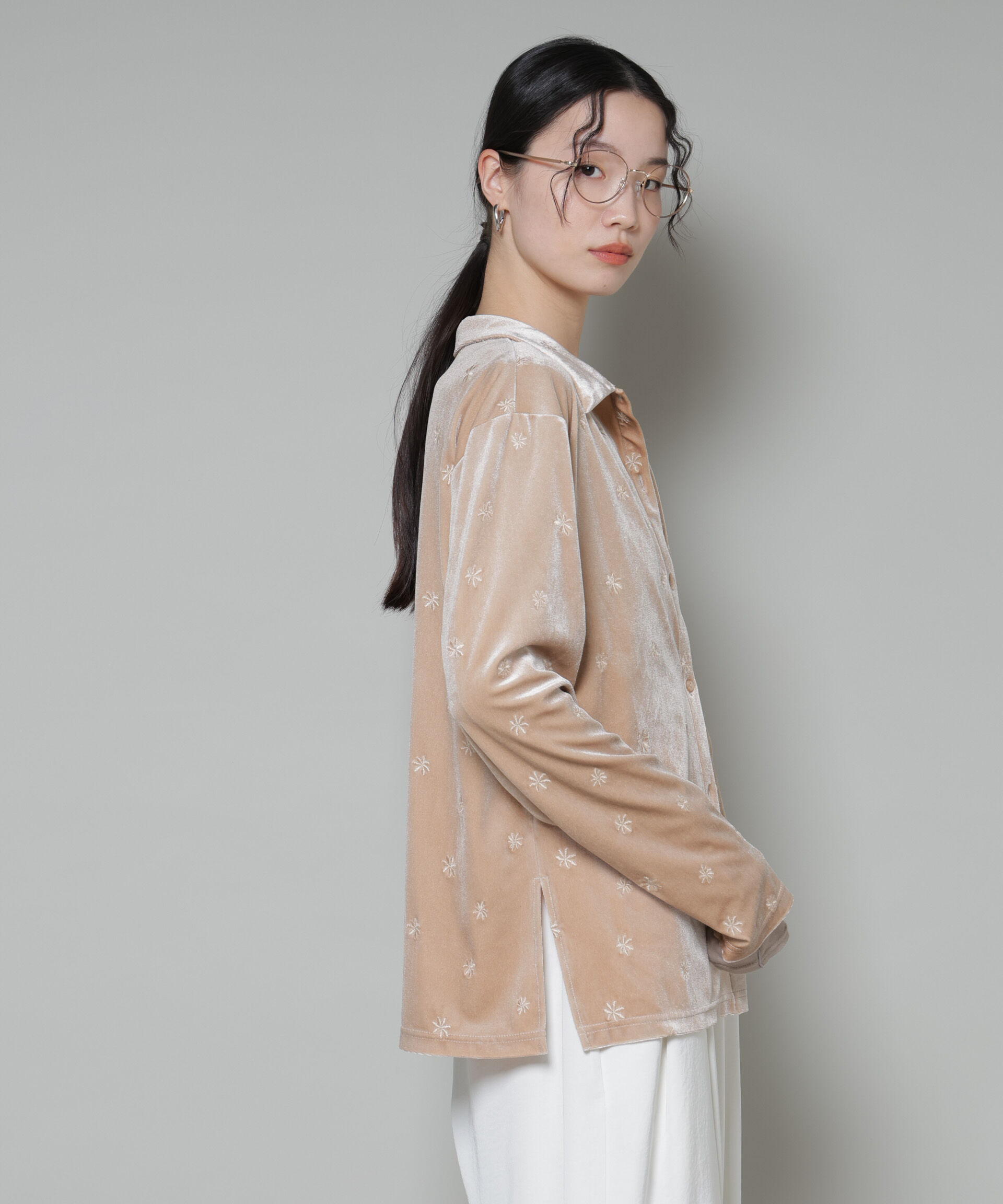 nano･universe「刺繍ベロアカットシャツ(セットアップ可)」|Tシャツ・カットソー|