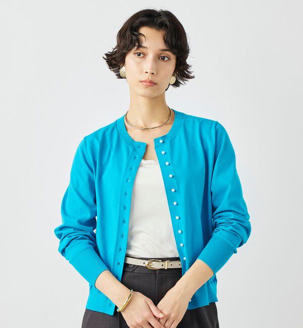 NOLLEY'S「《手洗い可能》コットンテックスクルーネックカーディガン」|カーディガン|ブルー