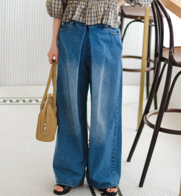  「【3サイズ】デニムタックワイドパンツ」|デニム|ブルー