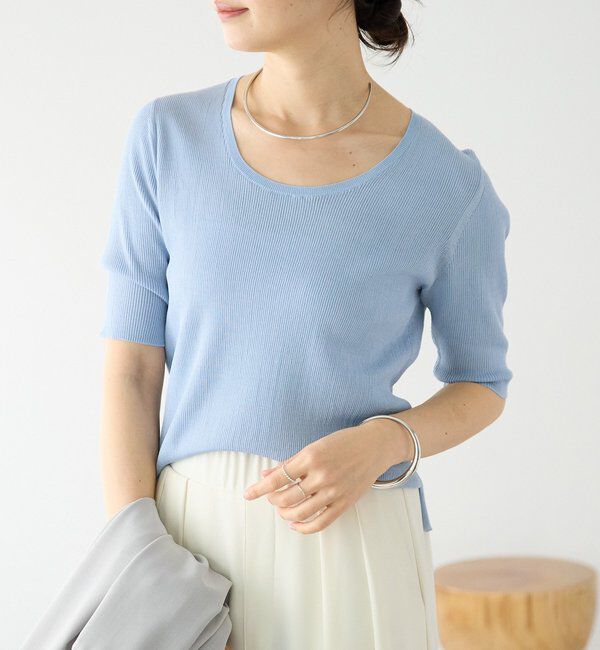  「予約【アンサンブル対応可】コットンUネックリブニット」|ニット・セーター|