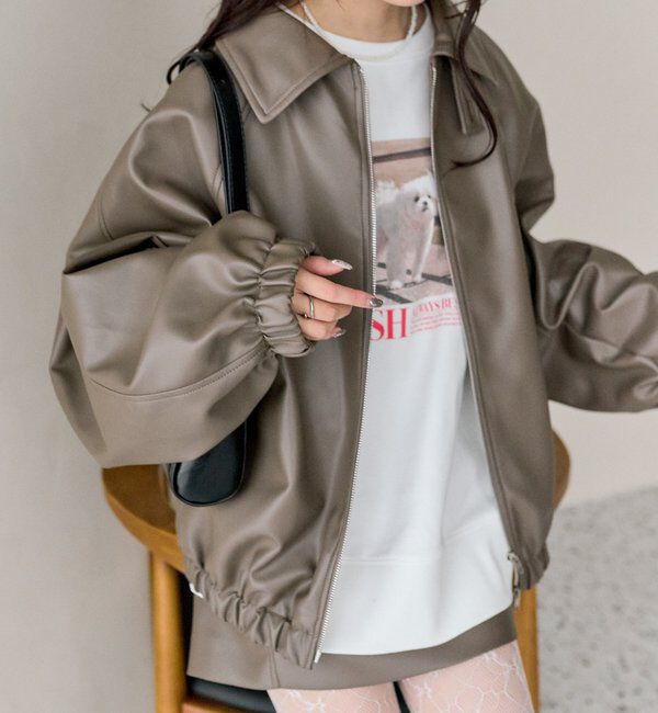  「バルーンスリーブフェイクレザーブルゾン」|ブルゾン・スタジャン|