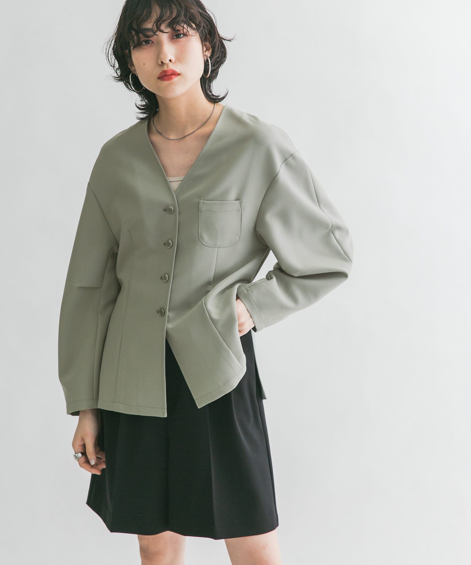 「ウエストシェイプジャケット」|ノーカラーコート|