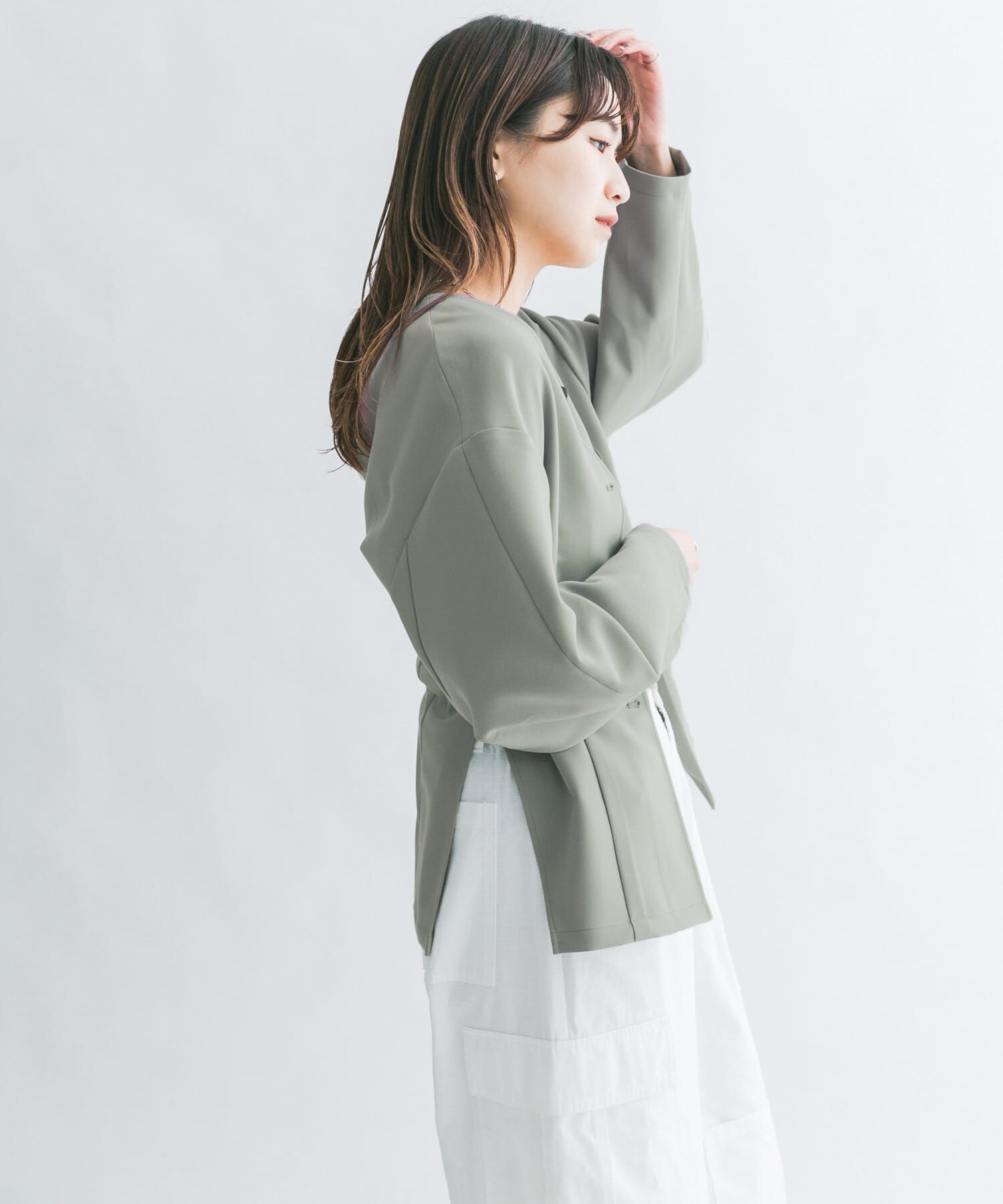  「ウエストシェイプジャケット」|ノーカラーコート|