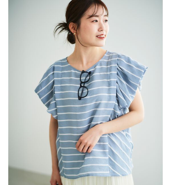  「《着映えアイテム！》ドビーボーダータックショルダーブラウス」|シャツ・ブラウス|
