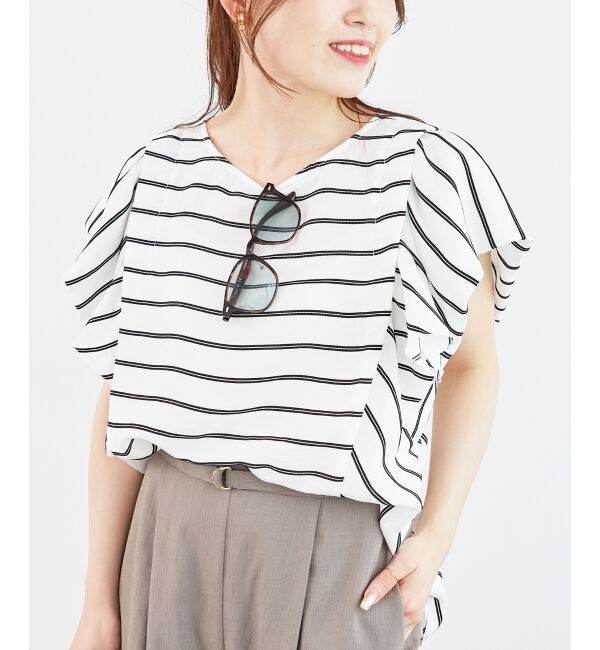  「《着映えアイテム！》ドビーボーダータックショルダーブラウス」|シャツ・ブラウス|