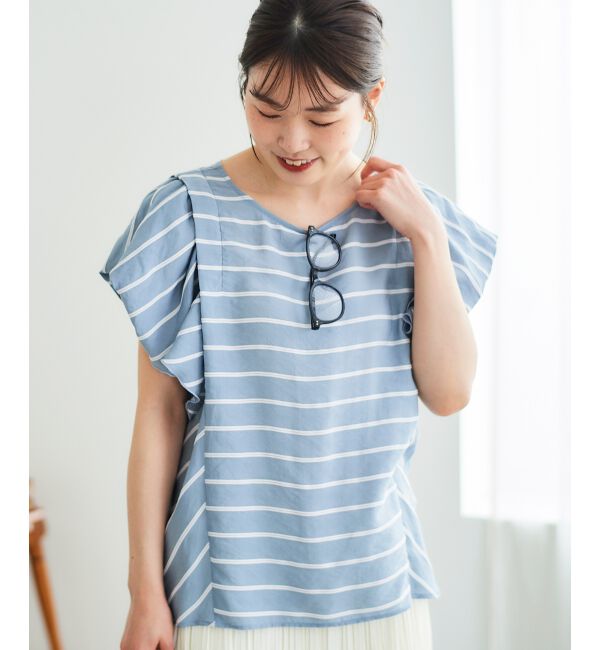  「《着映えアイテム！》ドビーボーダータックショルダーブラウス」|シャツ・ブラウス|