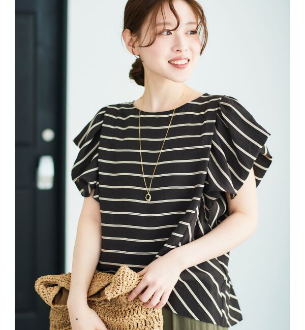  「《着映えアイテム！》ドビーボーダータックショルダーブラウス」|シャツ・ブラウス|