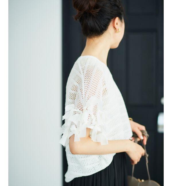  「透かし編みリボンVネックフレンチ」|ニット・セーター|