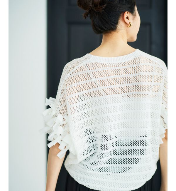  「透かし編みリボンVネックフレンチ」|ニット・セーター|