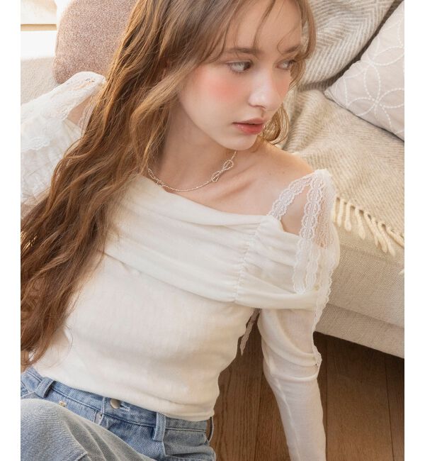  「レースリボン2wayオフショルトップス」|Tシャツ・カットソー|アイボリー