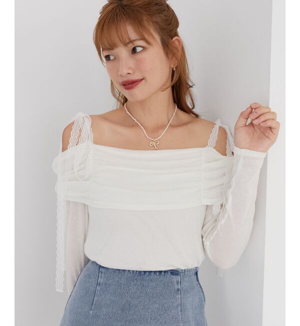  「レースリボン2wayオフショルトップス」|Tシャツ・カットソー|