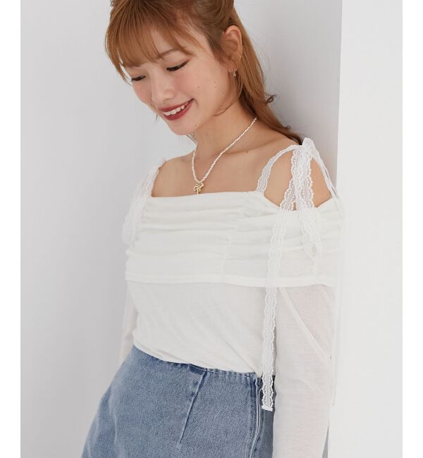  「レースリボン2wayオフショルトップス」|Tシャツ・カットソー|