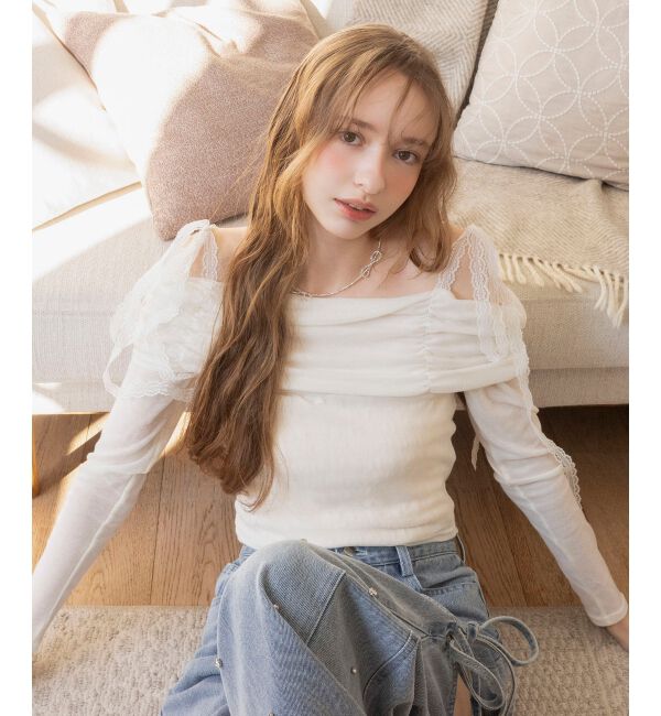  「レースリボン2wayオフショルトップス」|Tシャツ・カットソー|