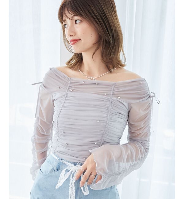  「キラキラビジューチュールトップス」|Tシャツ・カットソー|L／グレー