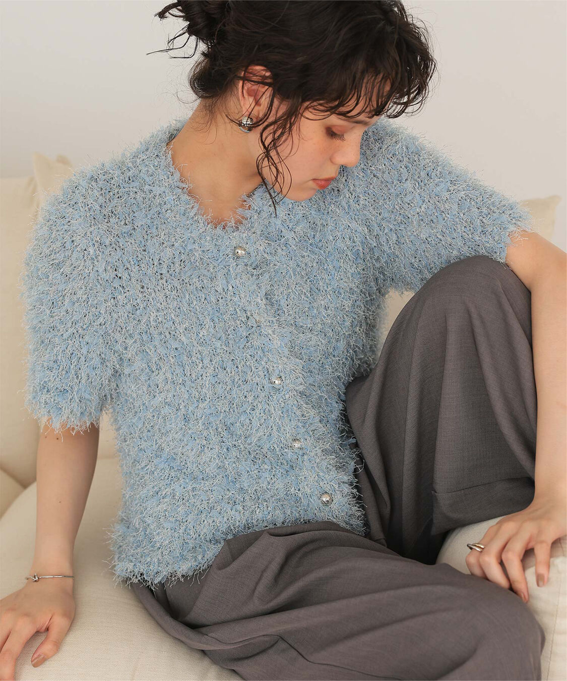 titivate「ハーフスリーブシャギーニットトップス」|ニット・セーター|ブルー