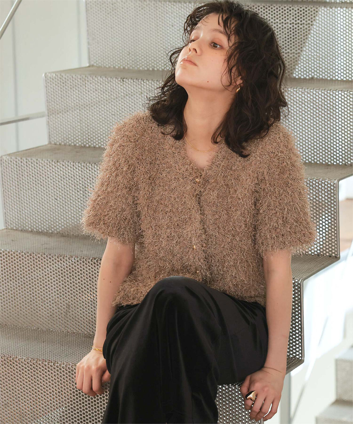 titivate「ハーフスリーブシャギーニットトップス」|ニット・セーター|ライトブラウン