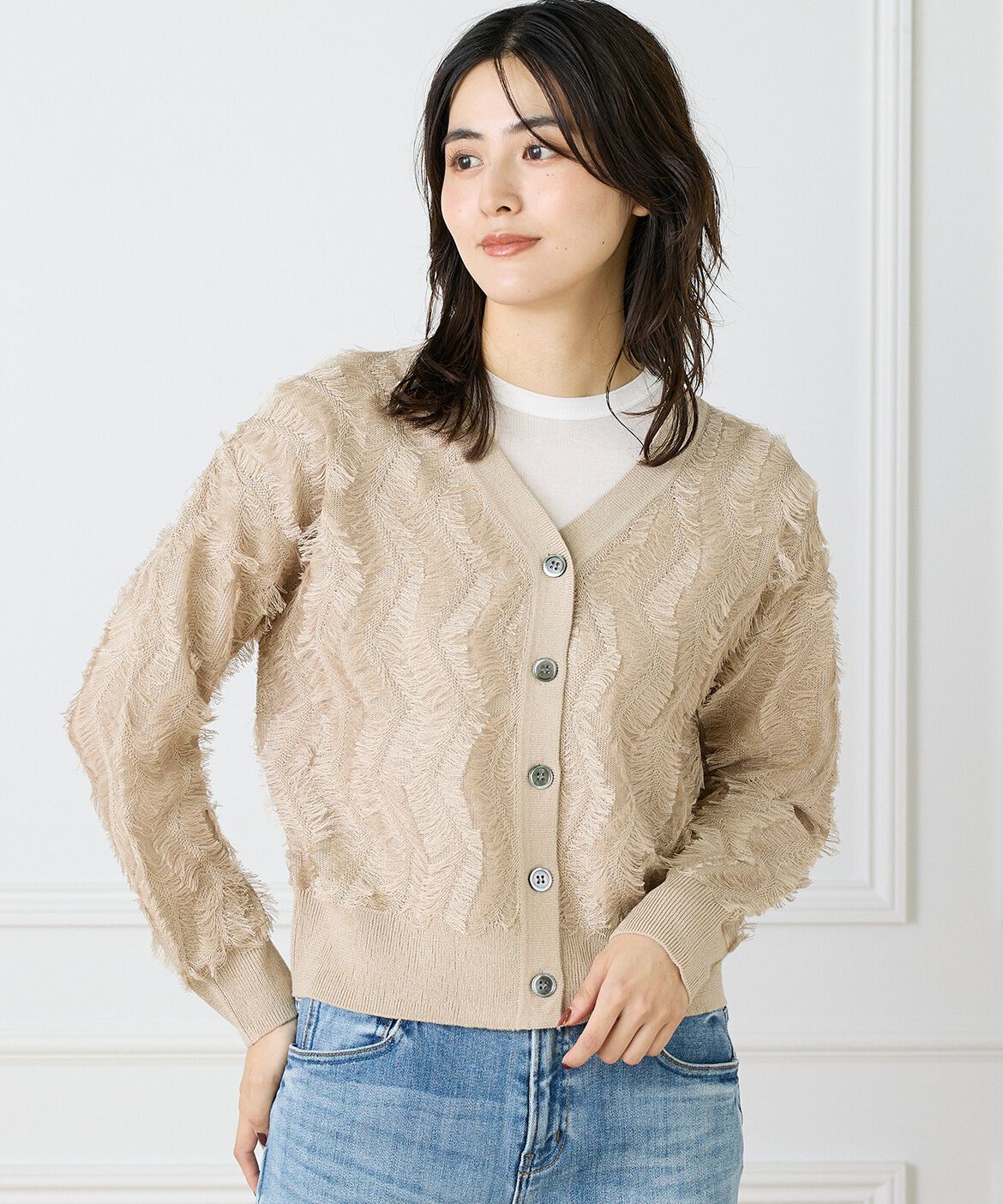 INED「フリンジVネックカーディガン」|カーディガン|