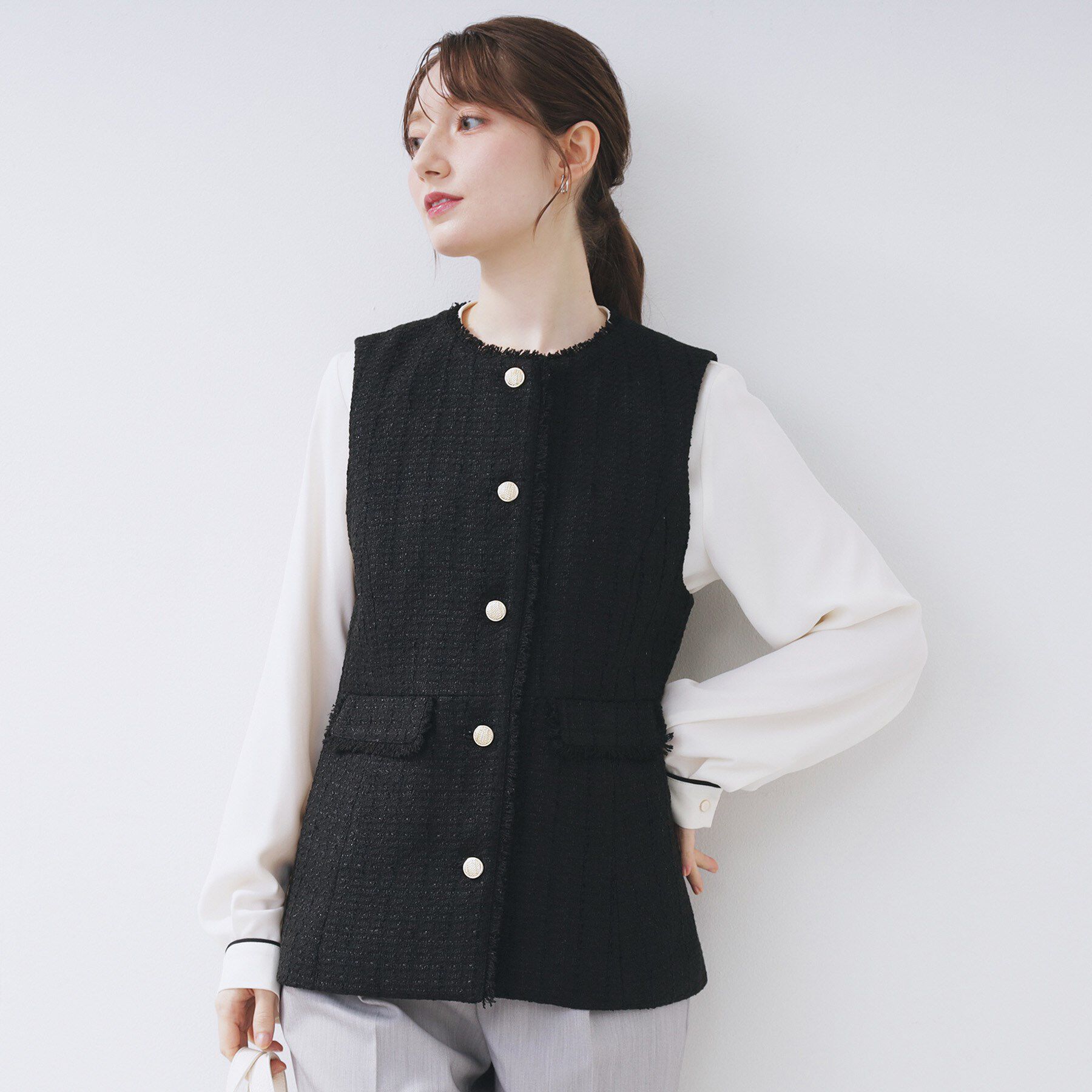 index「ファンシーツイードペプラムジレ【洗える】」|ベスト・ジレ|