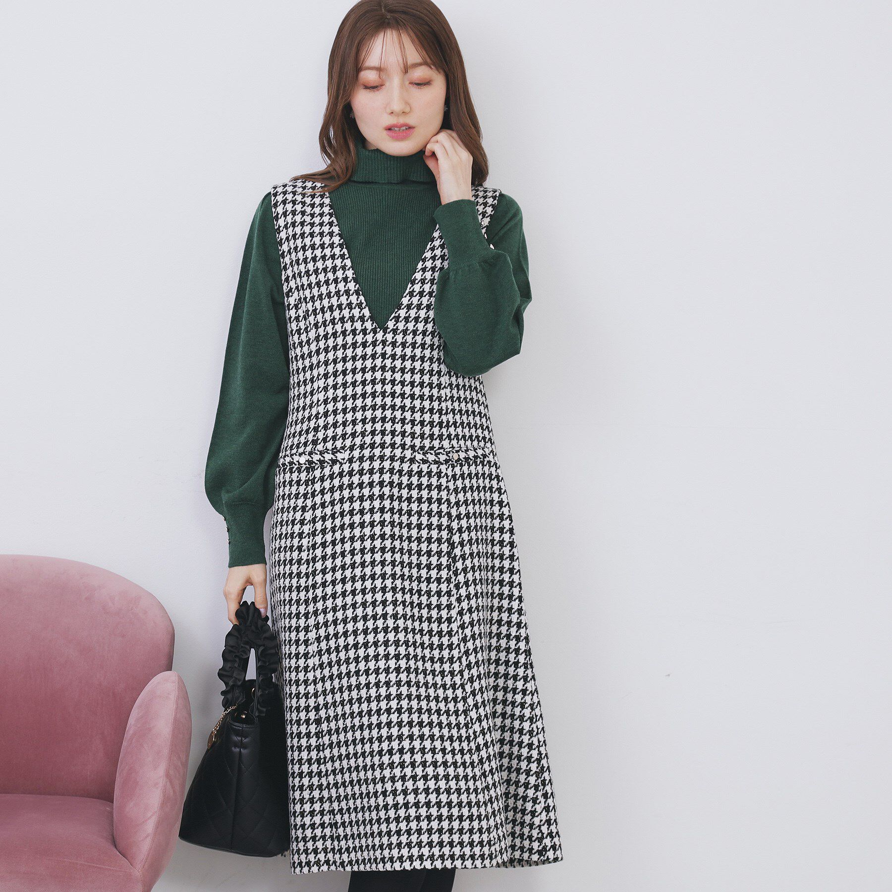 index「ラメスパンコール千鳥柄ジャンスカ【洗濯機OK/イージーアイロン】」|ワンピース|