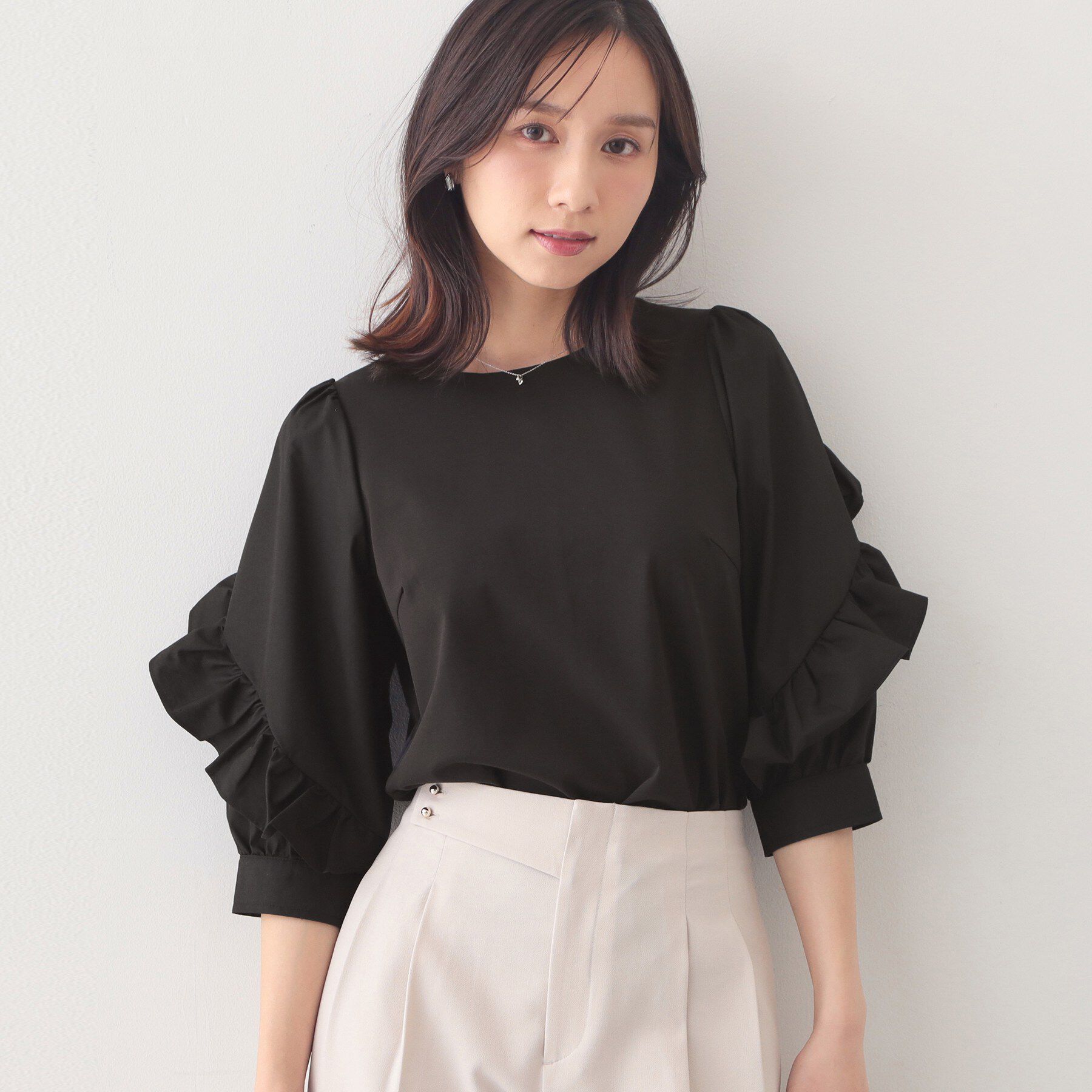 index「フリルスリーブドッキングポンチトップス【洗濯機OK】」|Tシャツ・カットソー|ブラック(019)