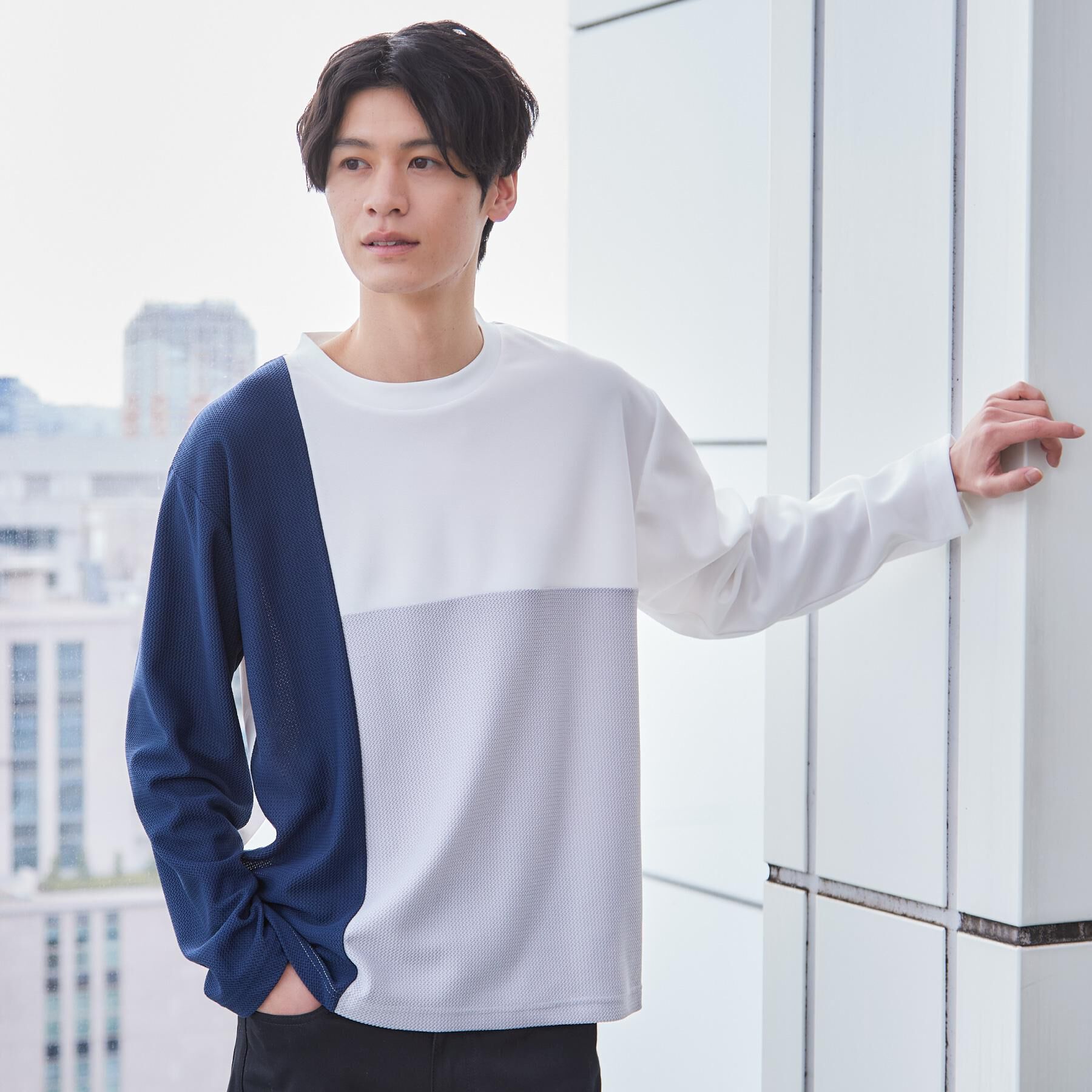 THE SHOP TK「【ちょうどいいカジュアル】パネルブロッキング長袖Tシャツ」|Tシャツ・カットソー|ネイビー(594)