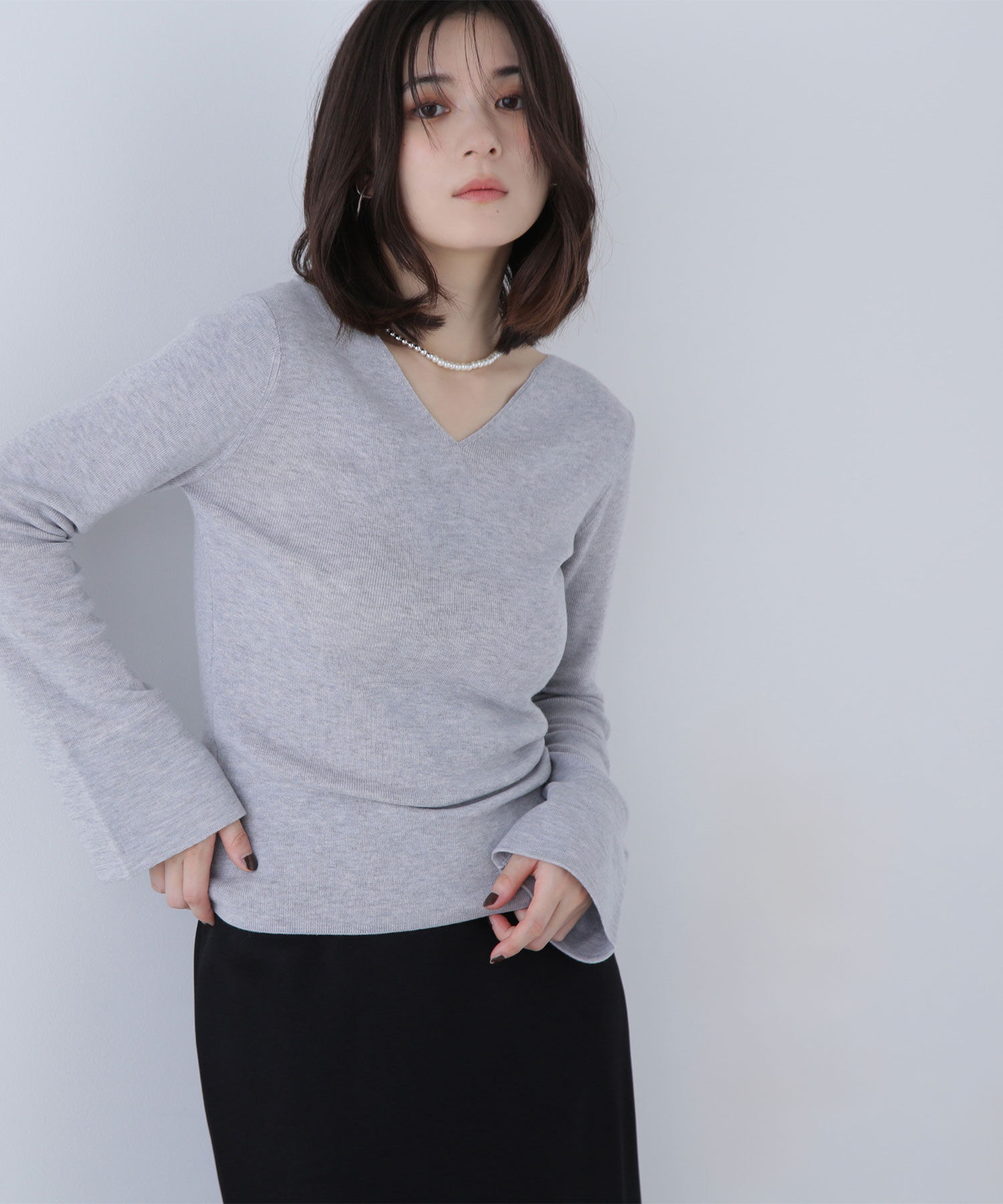  「ニュアンスネックフレアスリーブニット」|ニット・セーター|杢グレー2