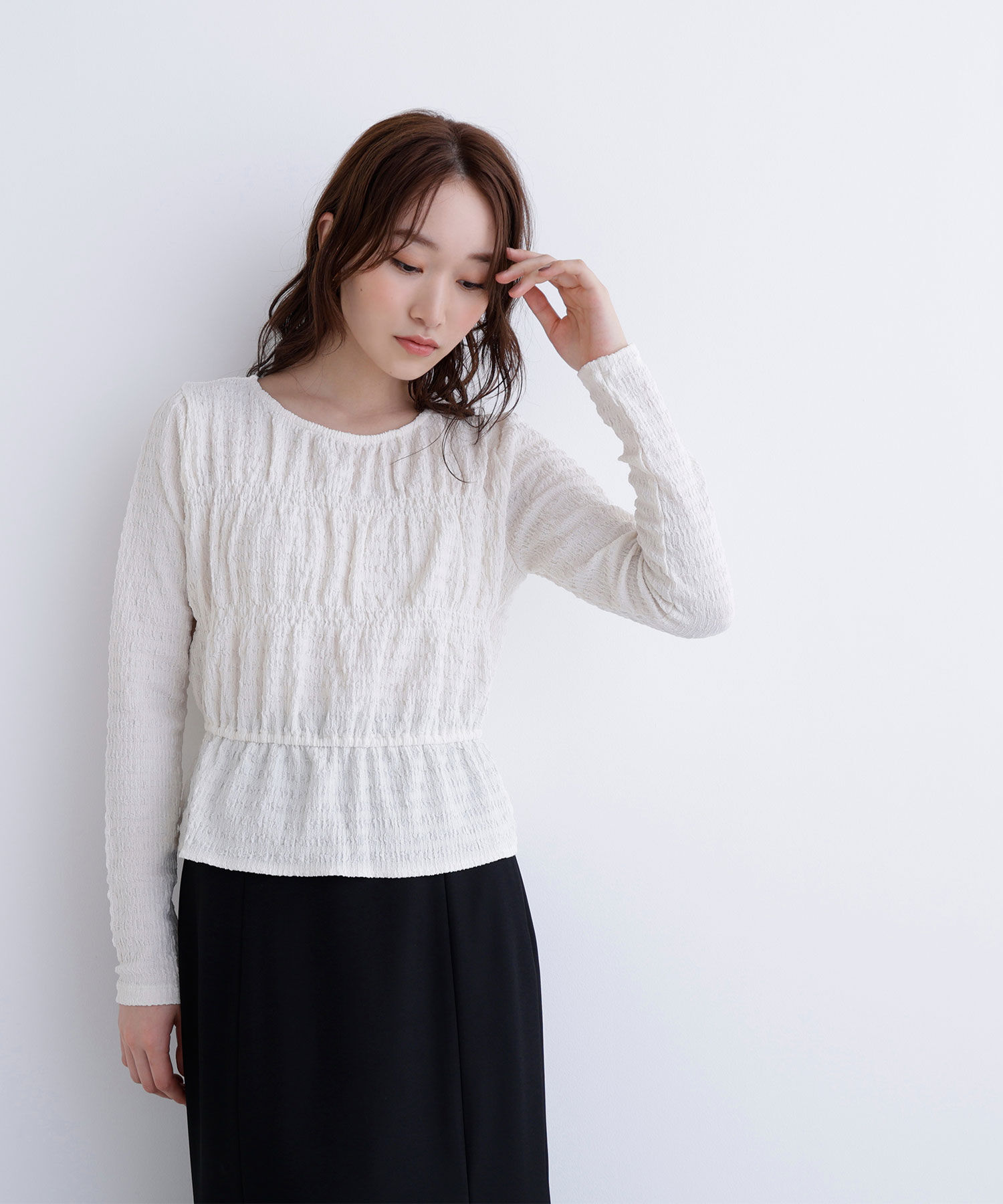  「シャーリングペプラムカットソー長袖」|Tシャツ・カットソー|