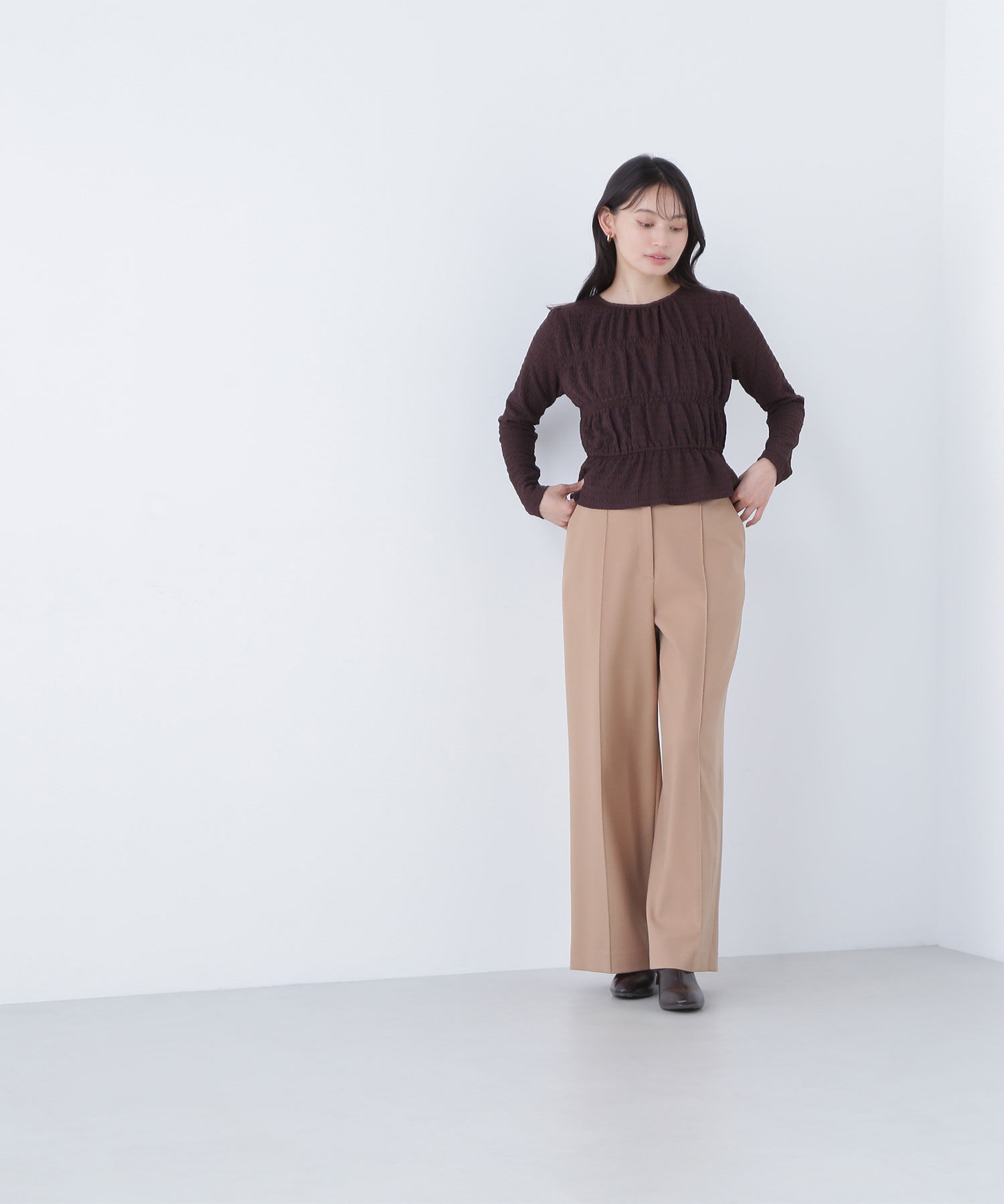  「シャーリングペプラムカットソー長袖」|Tシャツ・カットソー|